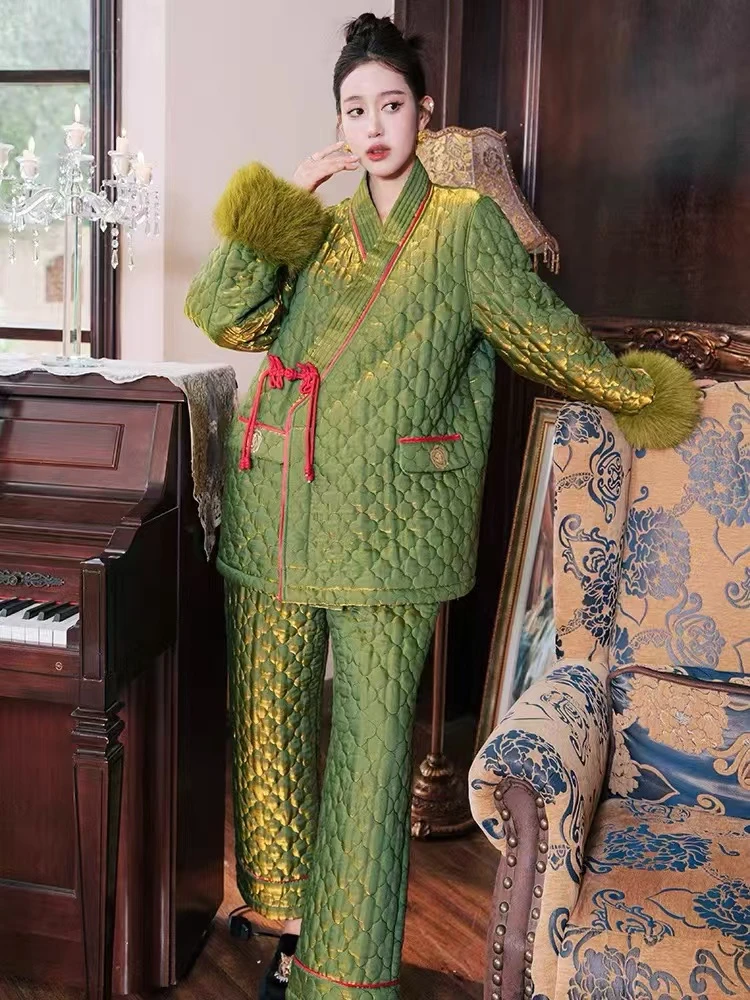 原创ANNZ新中式织金冬季女士三层加厚保暖高端家居服