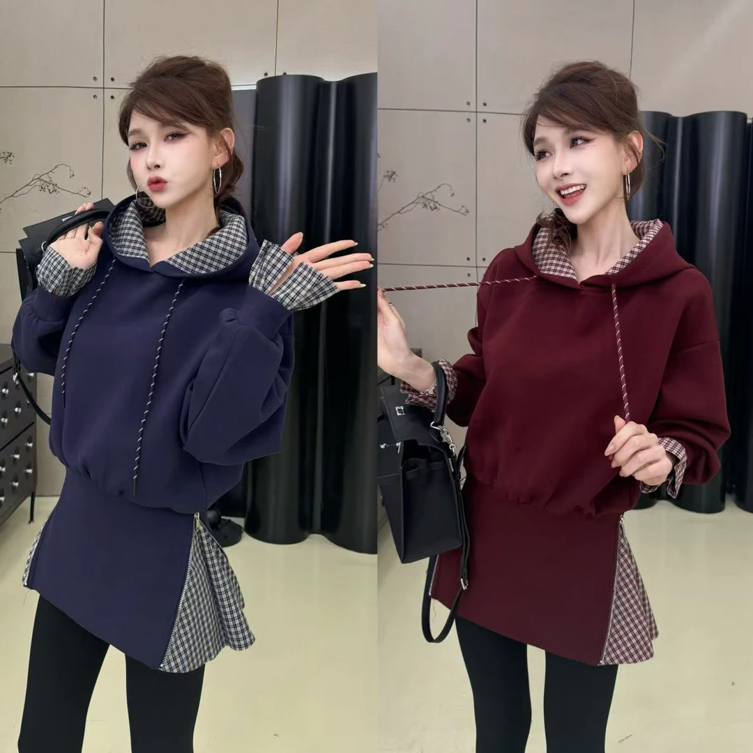 【型格星川】拼接格子收腰连帽卫衣