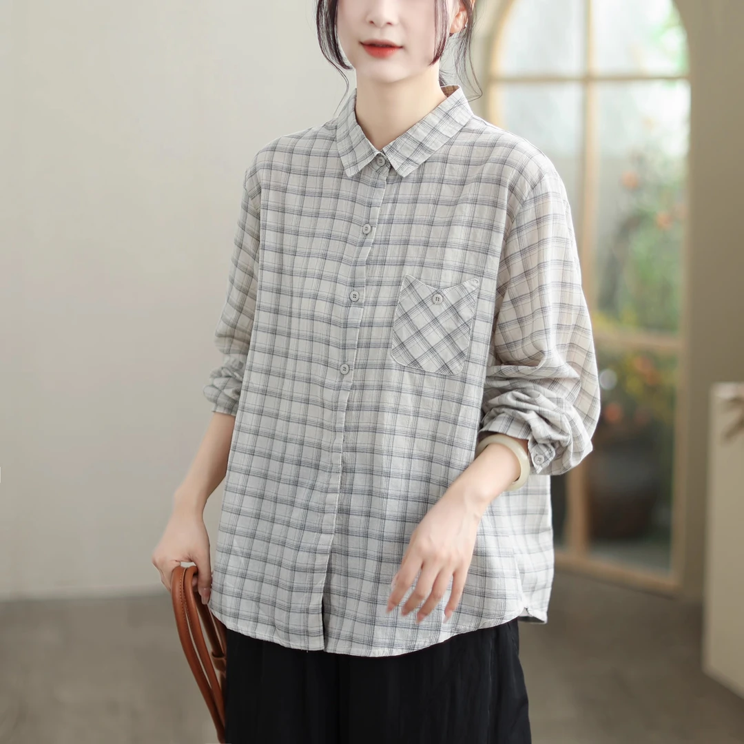 纯棉格子长袖衬衫女翻领时尚女士上衣开衫复古简约女装百搭衬衣女