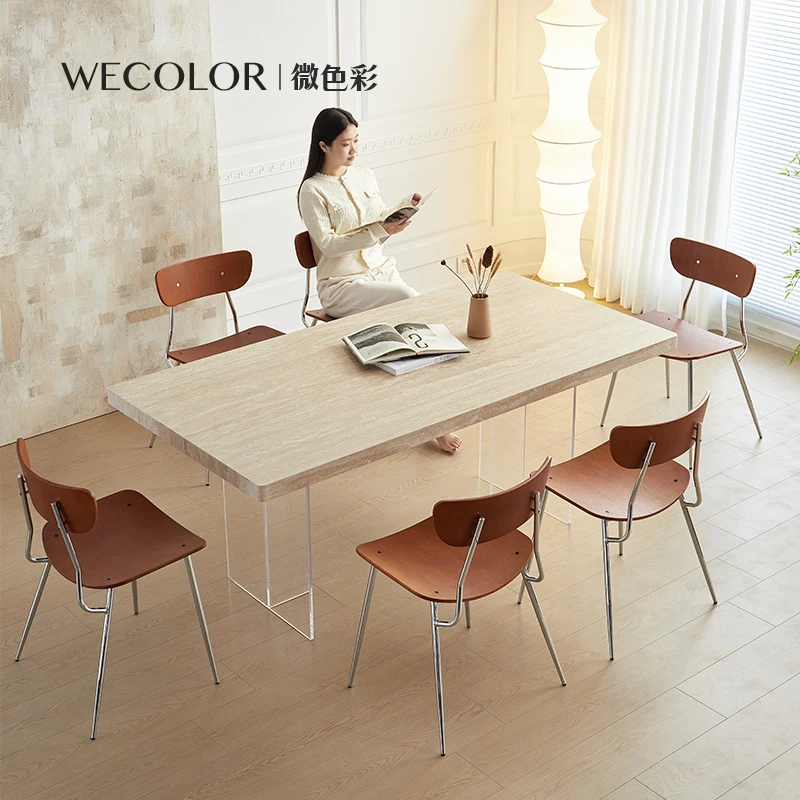 法式复古洞石岩板餐桌悬浮透明亚克力设计师原创中古风家用餐桌