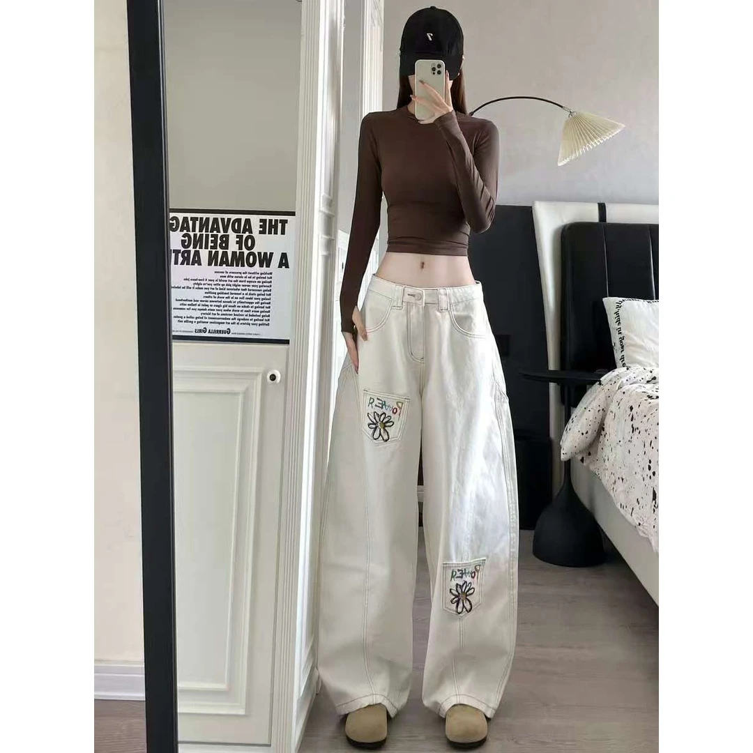 美式复古花卉刺绣阔腿弯刀牛仔裤男女高街vintage显瘦情侣休闲裤