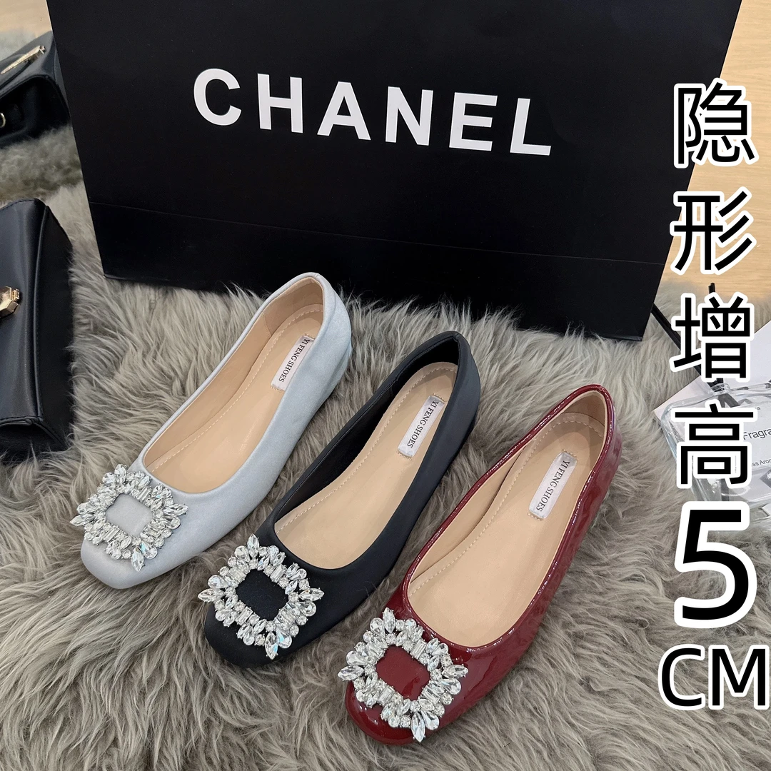 内增高女鞋法式水钻方扣浅口单鞋女晚晚风软底方头春季配裙子的鞋