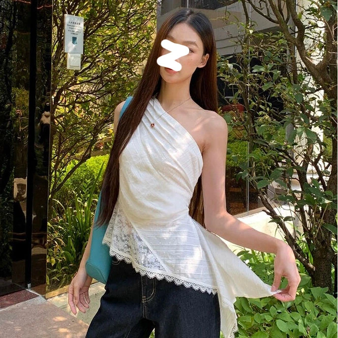 YIDENG纯欲辣妹小女人斜领露肩蕾丝拼接镂空不规则吊带修身显瘦性