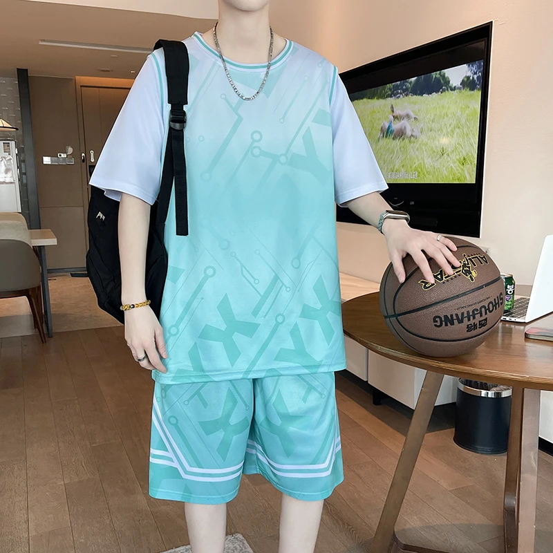 青少年中学生夏季新款凉感薄款两件套篮球服男生潮流休闲运动套装