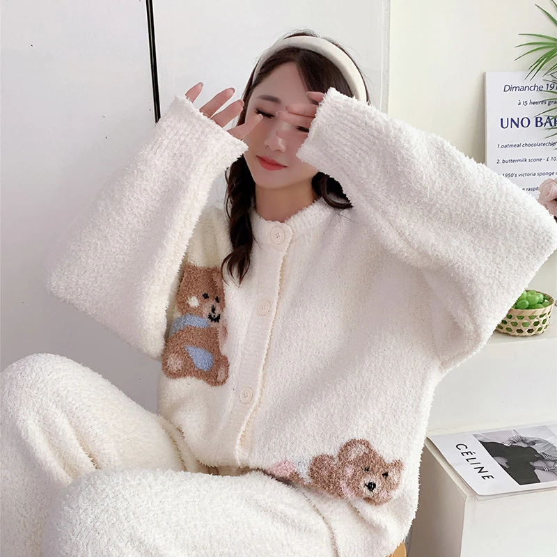 卡通小熊印花针织半边绒睡衣女可爱甜美秋冬季加厚保暖家居服套装
