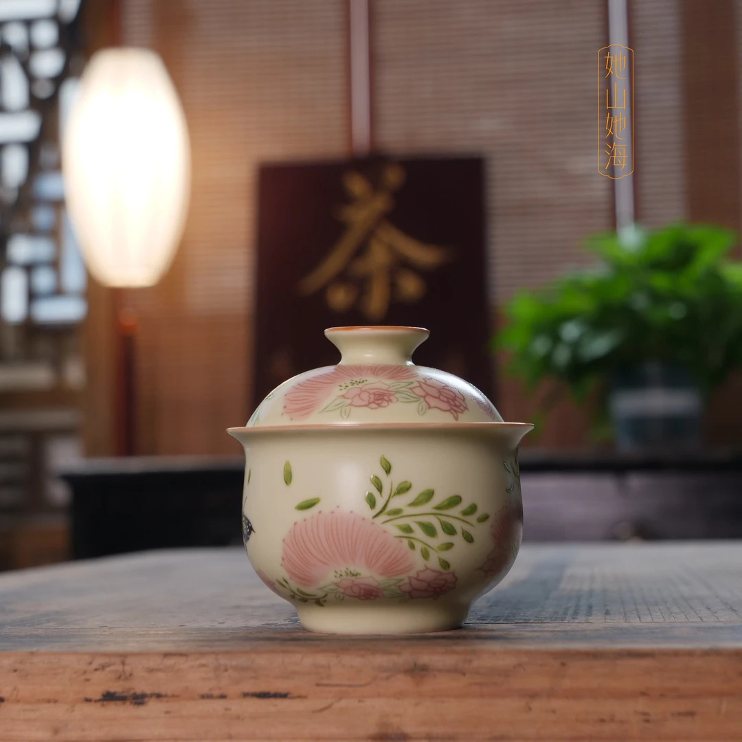 她山她海【合欢花二才盖碗】汝窑高端防烫高温陶瓷盖碗