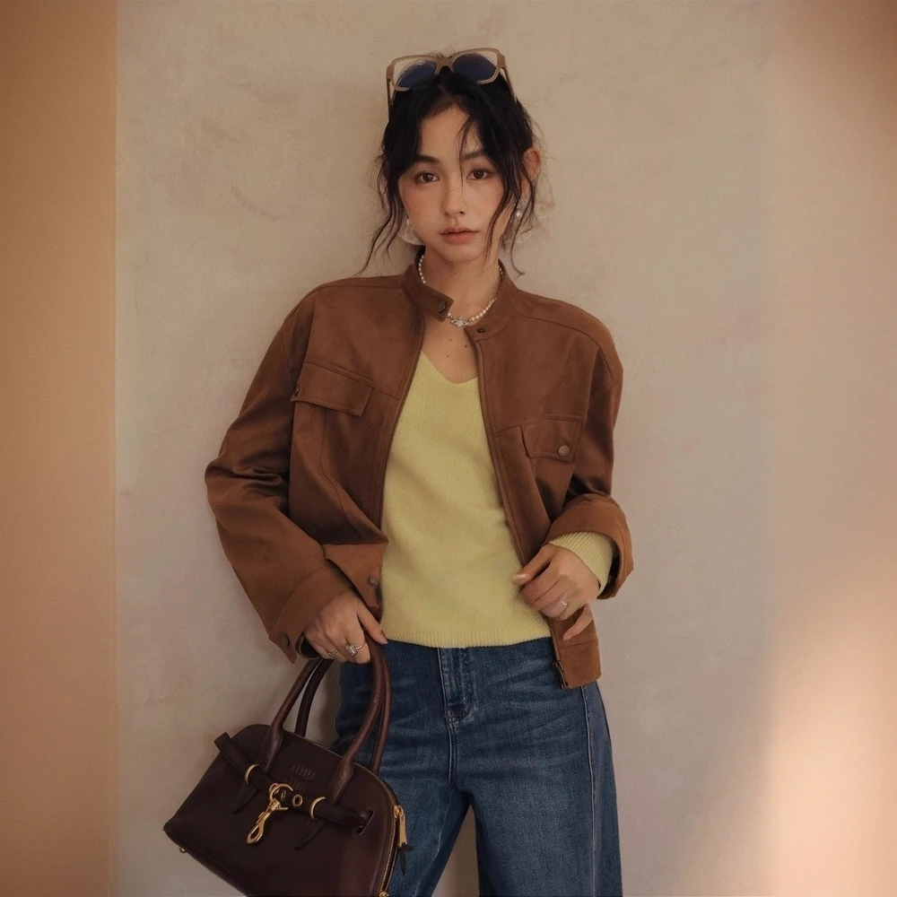 美式新款入秋百搭复古上衣外套女设计感早秋季短款夹克外套