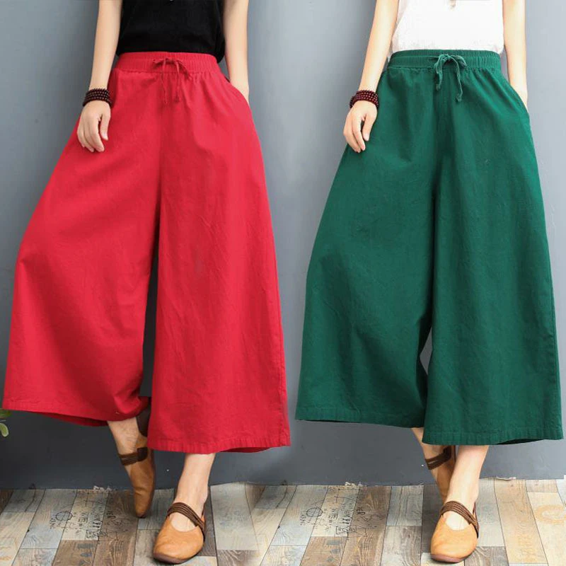 夏季棉麻裙裤女薄款大码八分女裤宽松苎麻阔腿裤休闲亚麻垂感裤子