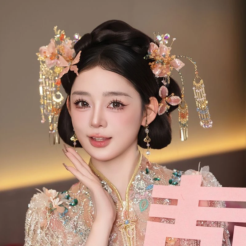 GZ223秀禾头饰2025新款中式减龄简约浅粉色新娘秀禾服头饰高级感