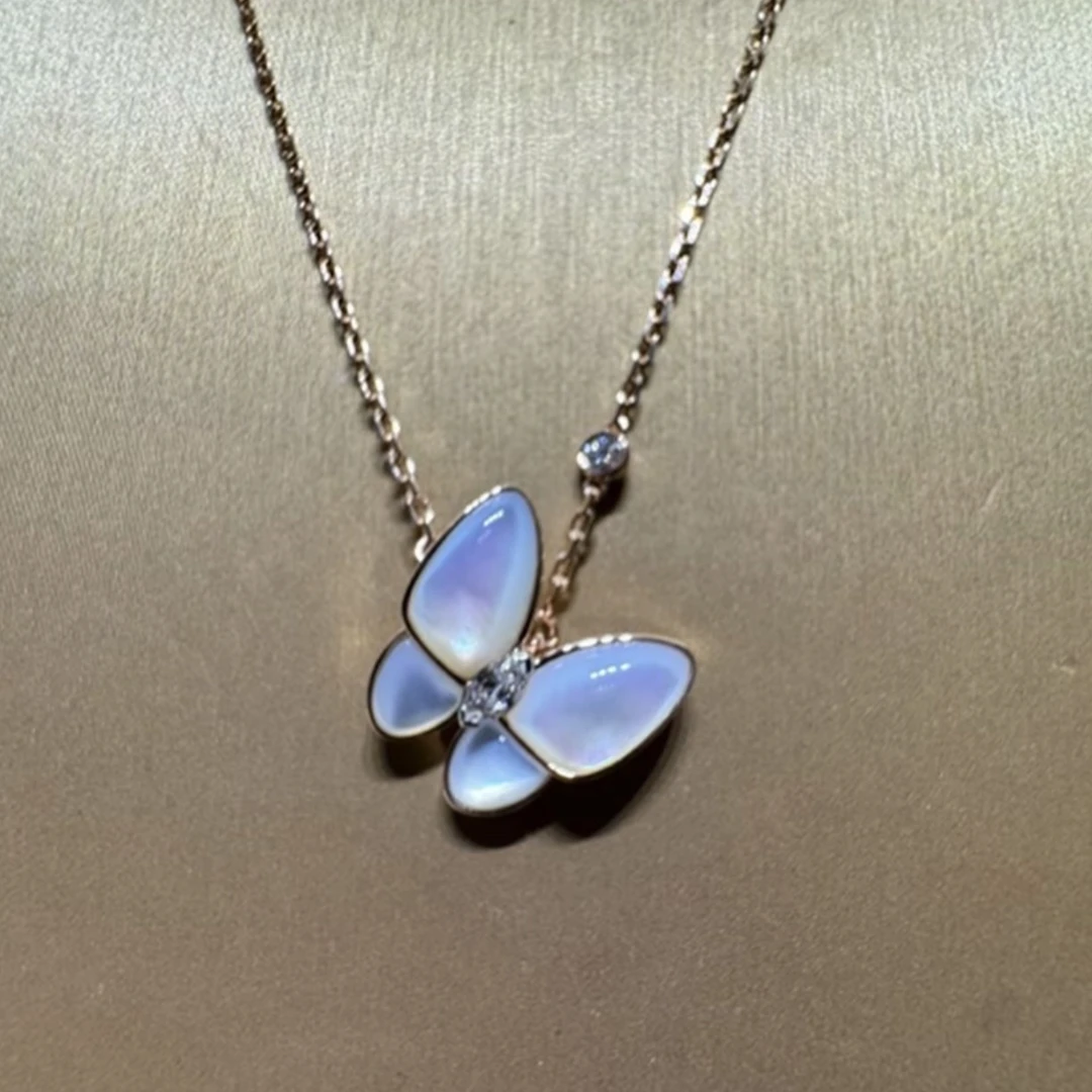 实验室培育钻石18k玫瑰金贝母蝴蝶项链