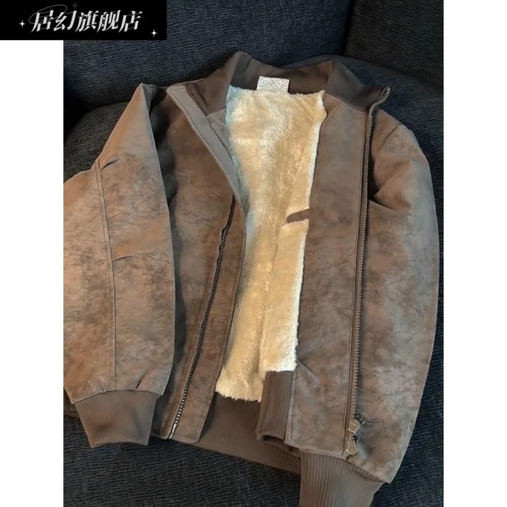 居幻美式时尚扎染pu皮衣棉服男款冬季加绒立领防寒高级感加厚保暖