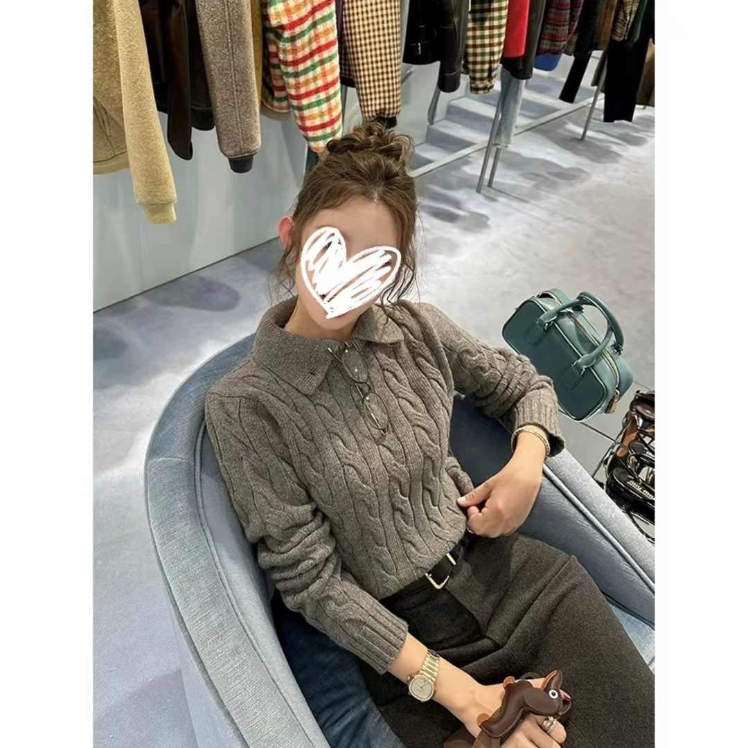 H1606【高智感小圆】秋冬韩系翻/立领两穿学院绞花毛针织衫上衣女