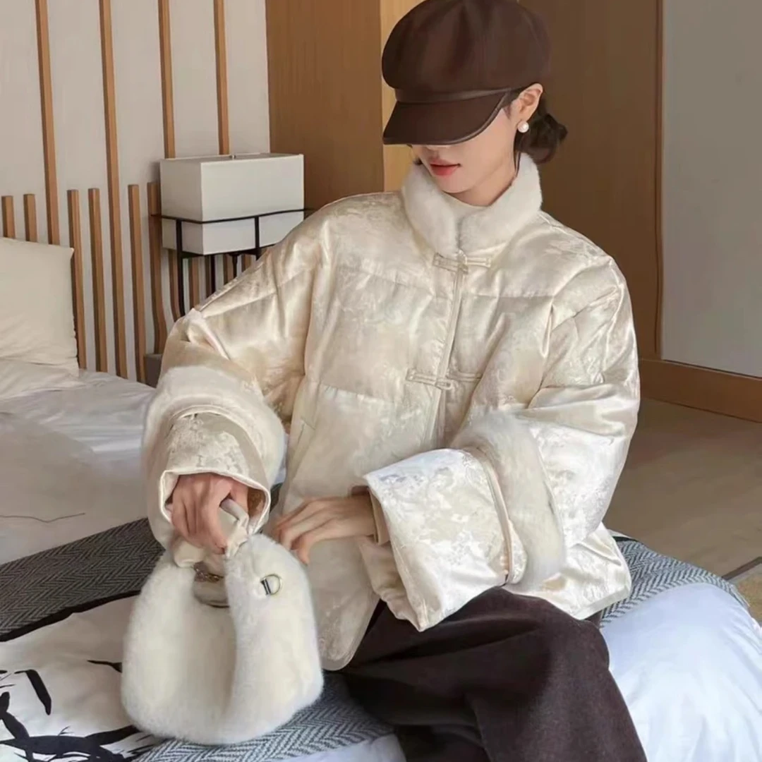 新中式国风盘扣棉服女小个子冬季新款喇叭袖提花保暖外套