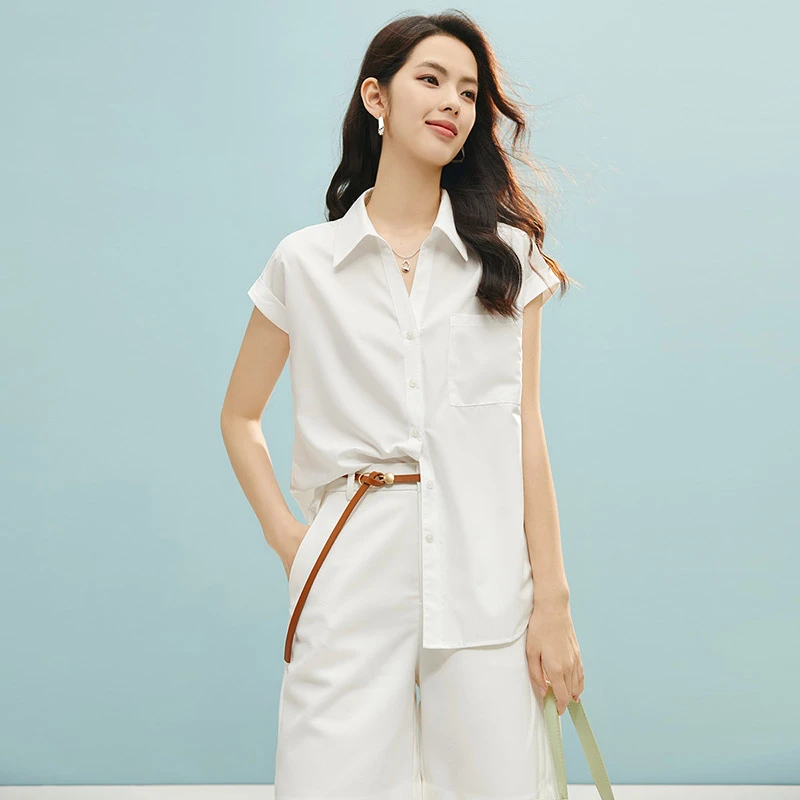 晚白【新品】夏航海系婴儿蓝显年轻上衣短袖翻领衬衫女25031040