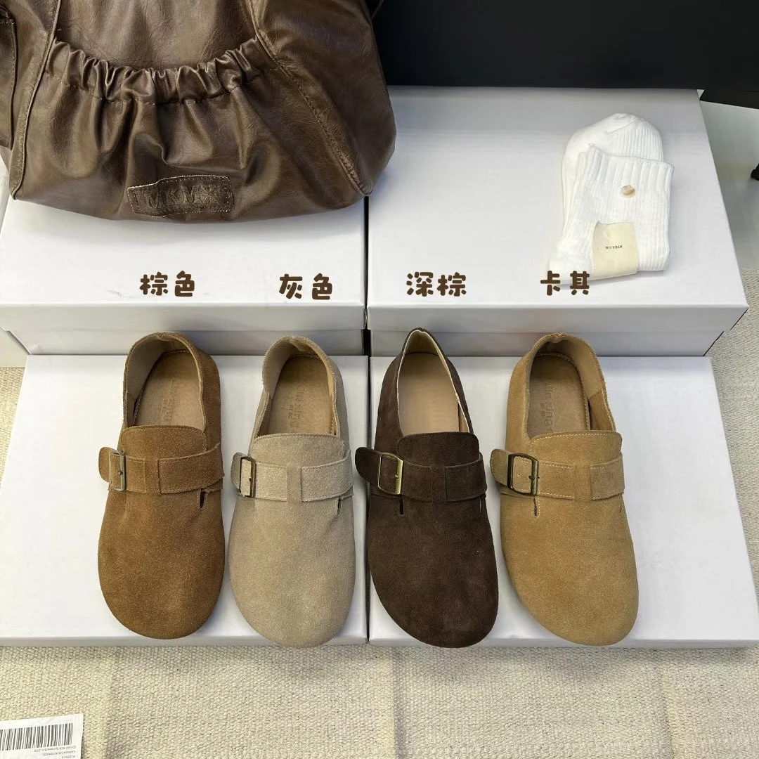 磨砂牛皮勃肯鞋女2024秋款真皮单鞋休闲复古奶奶鞋软底豆豆鞋7415