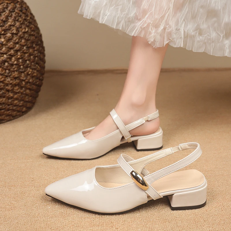 高跟鞋尖头百搭单鞋金属法式凉鞋方头时装凉鞋一脚蹬中跟夏季