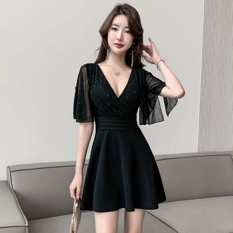 夜总店性感连衣裙女新款黑色蕾丝深v收腰显瘦a字裙柔式技师工作服