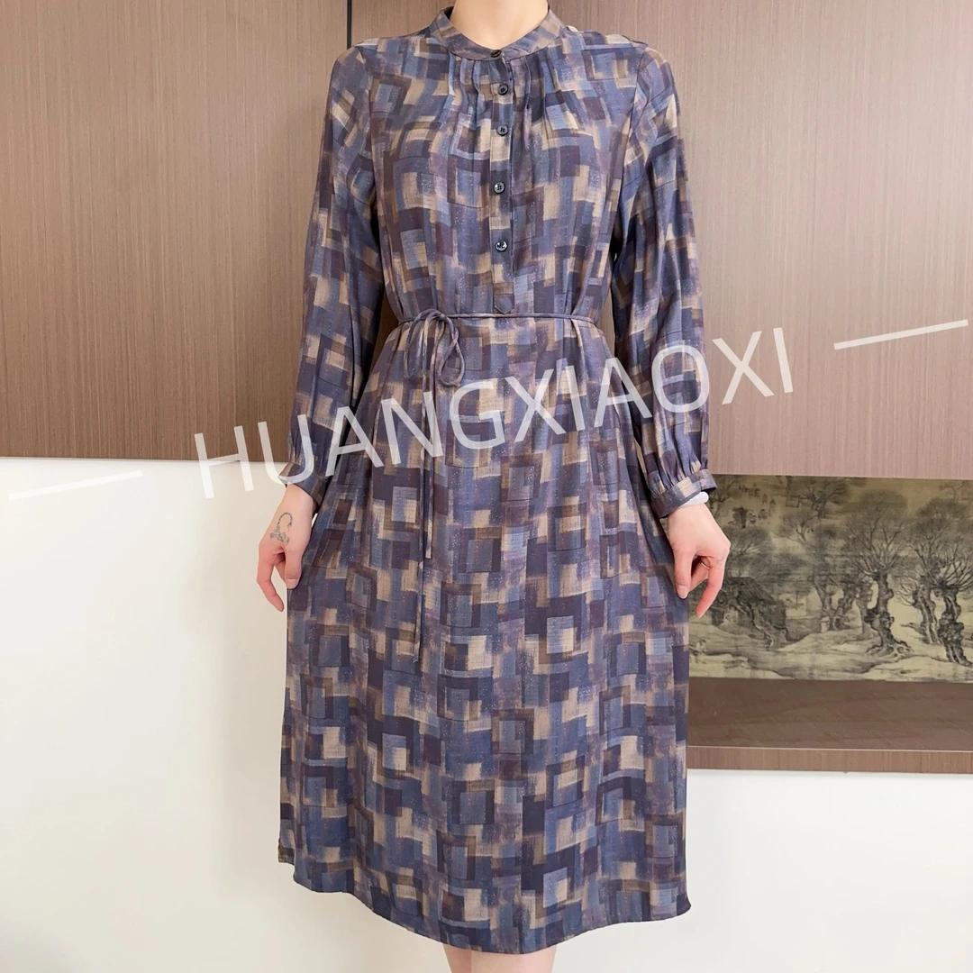 HUANGXIAOXI 油彩格纹长袖气质连衣裙ZF-129