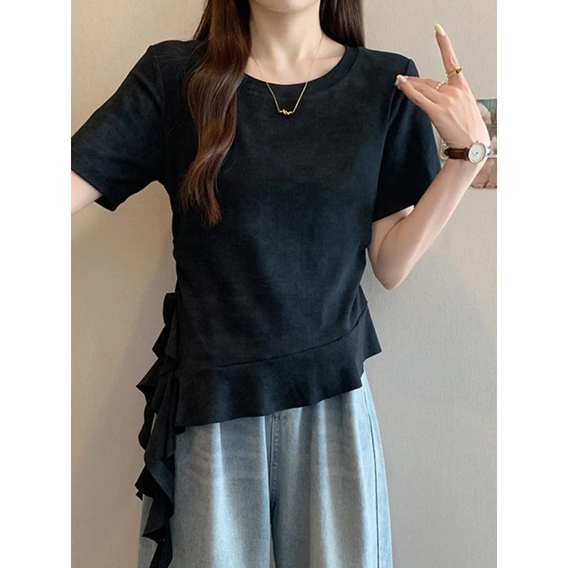扎染不规则正肩短袖女t恤夏大码胖mm显瘦褶皱收腰开叉荷叶边上衣
