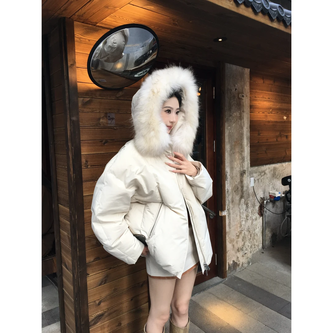 桃桃1【毛领可拆 国标90白鸭绒 羽绒服保暖外套女椰子奶油连帽外套