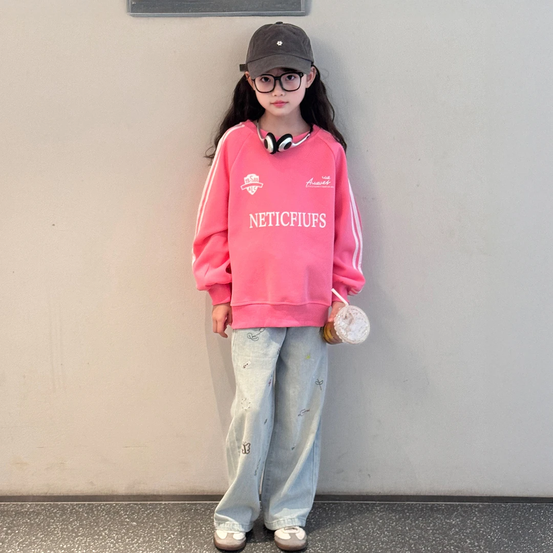 女童韩范炸街套装2025新款女孩春秋多巴胺卫衣儿童洋气刺绣牛仔裤