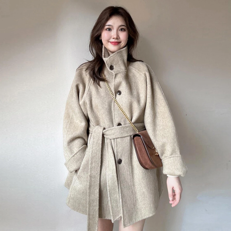 2025秋冬中长款双面绒毛呢外套女百搭时尚立领小个子短款呢子大衣