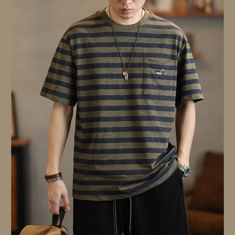 LEIGHZ/雷茨条纹短袖t恤男士宽松潮牌圆领半袖体恤夏季新款上衣服