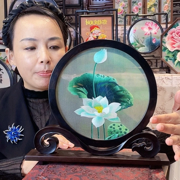 织绣苏绣摆台檀木手工双面