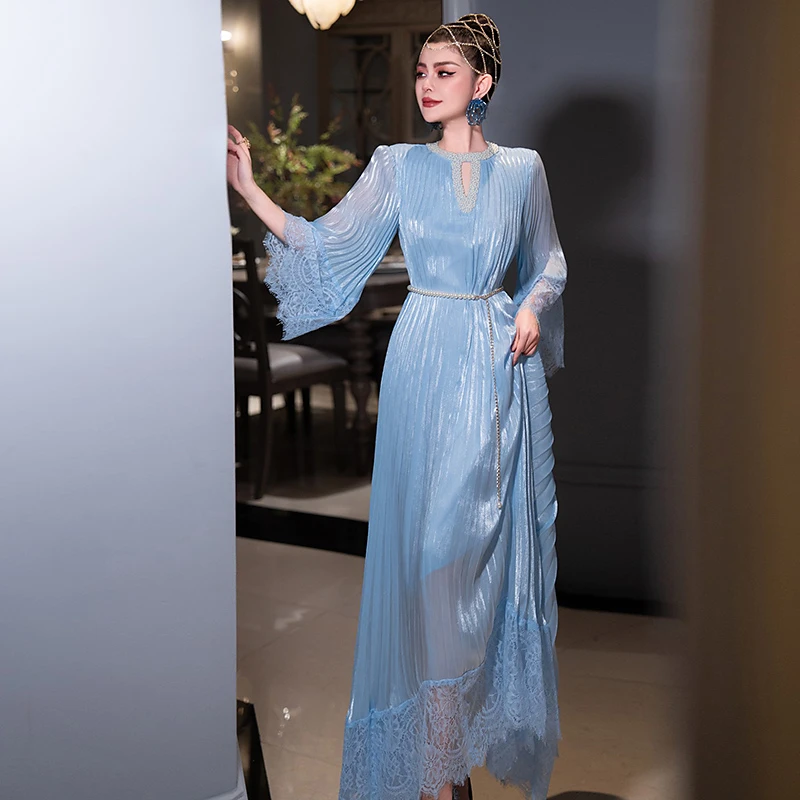 高级感宽松宴会礼服裙2025春女装重工压褶奢华蕾丝拼接高端连衣裙