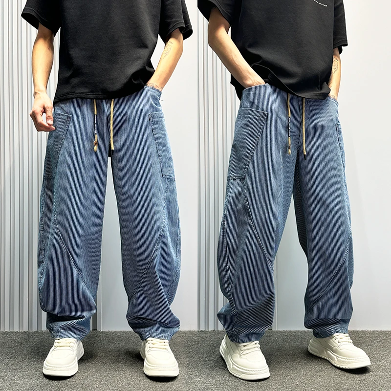 美式水洗cleanfit条纹圆月弯刀牛仔裤男夏新款宽松阔腿工装镰刀裤