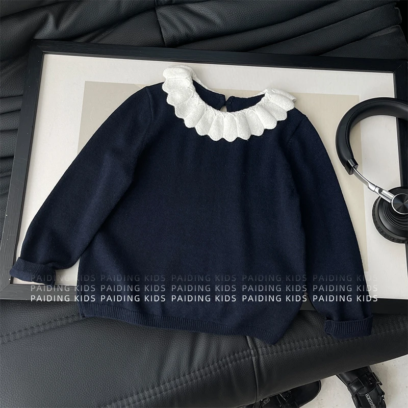 【现货】春秋装女童韩版时尚公主风撞色花瓣领毛衣针织衫SJ6384