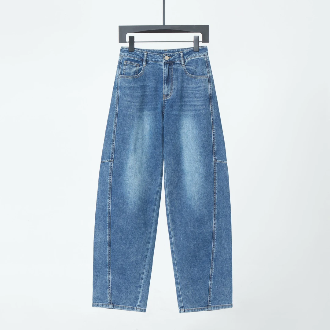 春季时髦立体弧形裁剪廓形百搭时尚休闲高腰深色镰刀牛仔裤女1421