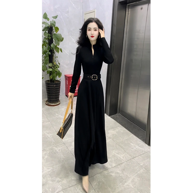 2025秋冬新款法式长款气质显瘦高级黑收腰长袖侧口袋连衣裙98920