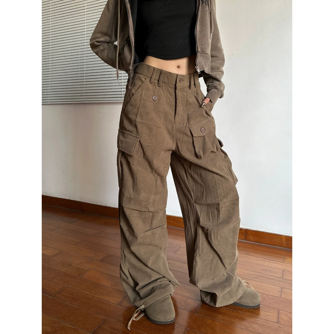 美式复古显瘦裤子男女宽松直筒痞帅炸街多口袋设计感工装裤运动