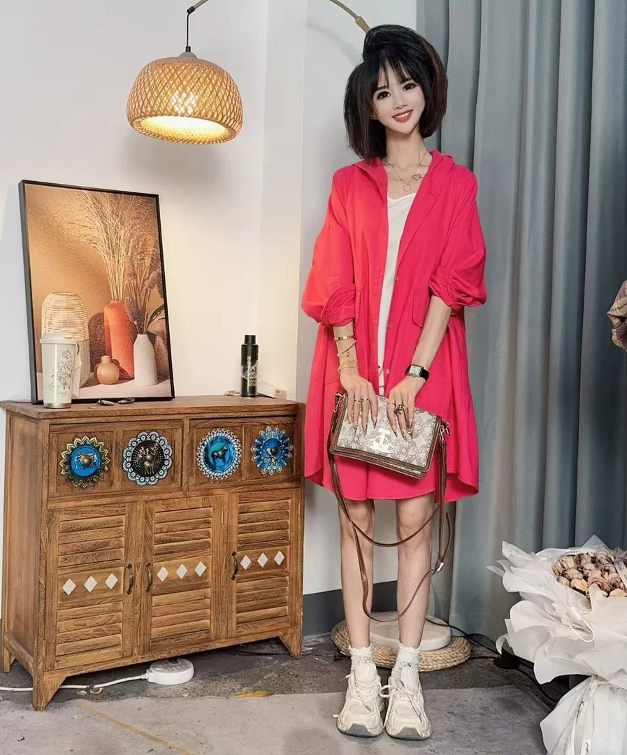 【沐木流浪记】（夜羽）气质麻料玫粉色连帽双兜带盖女装风衣外套z