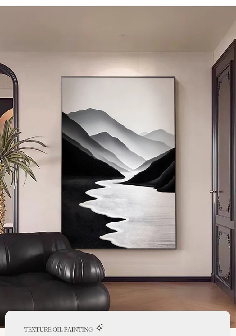 艺术山水黑白简约高端砂岩肌理质感客餐厅装饰画防水防潮防霉耐用