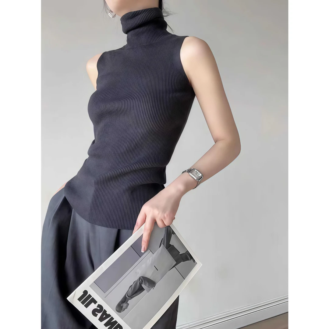 法式复古高领无袖针织吊带背心女早春内搭打底修身独特漂亮小衫