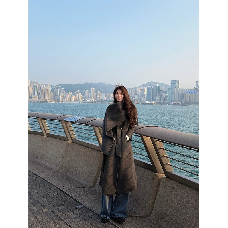 六指导 柏林纪事 100%绵羊毛双面呢大衣女带围巾宽松显瘦毛呢外套