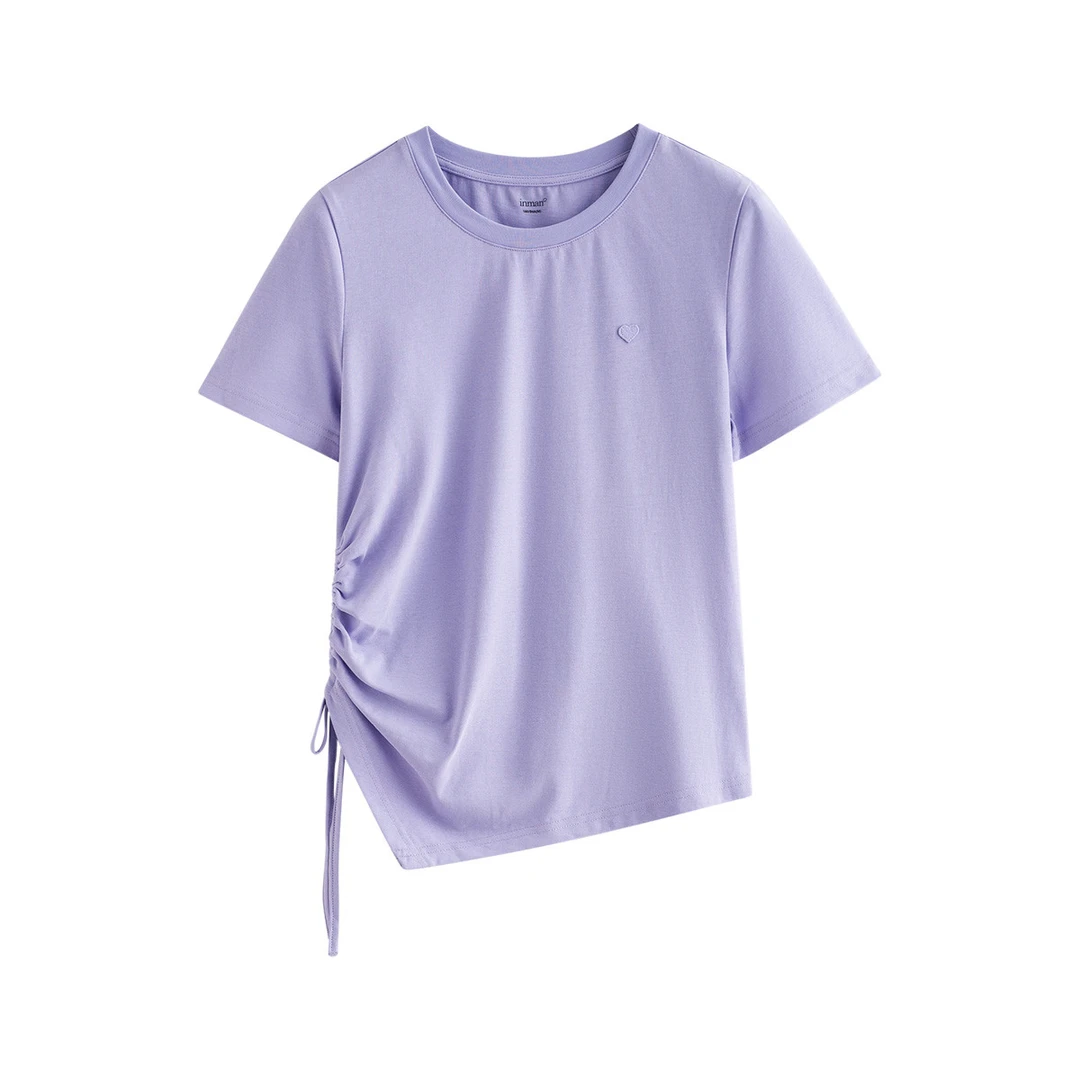 茵曼夏季时尚纯色不规则系带T恤休闲百搭圆领短袖上衣