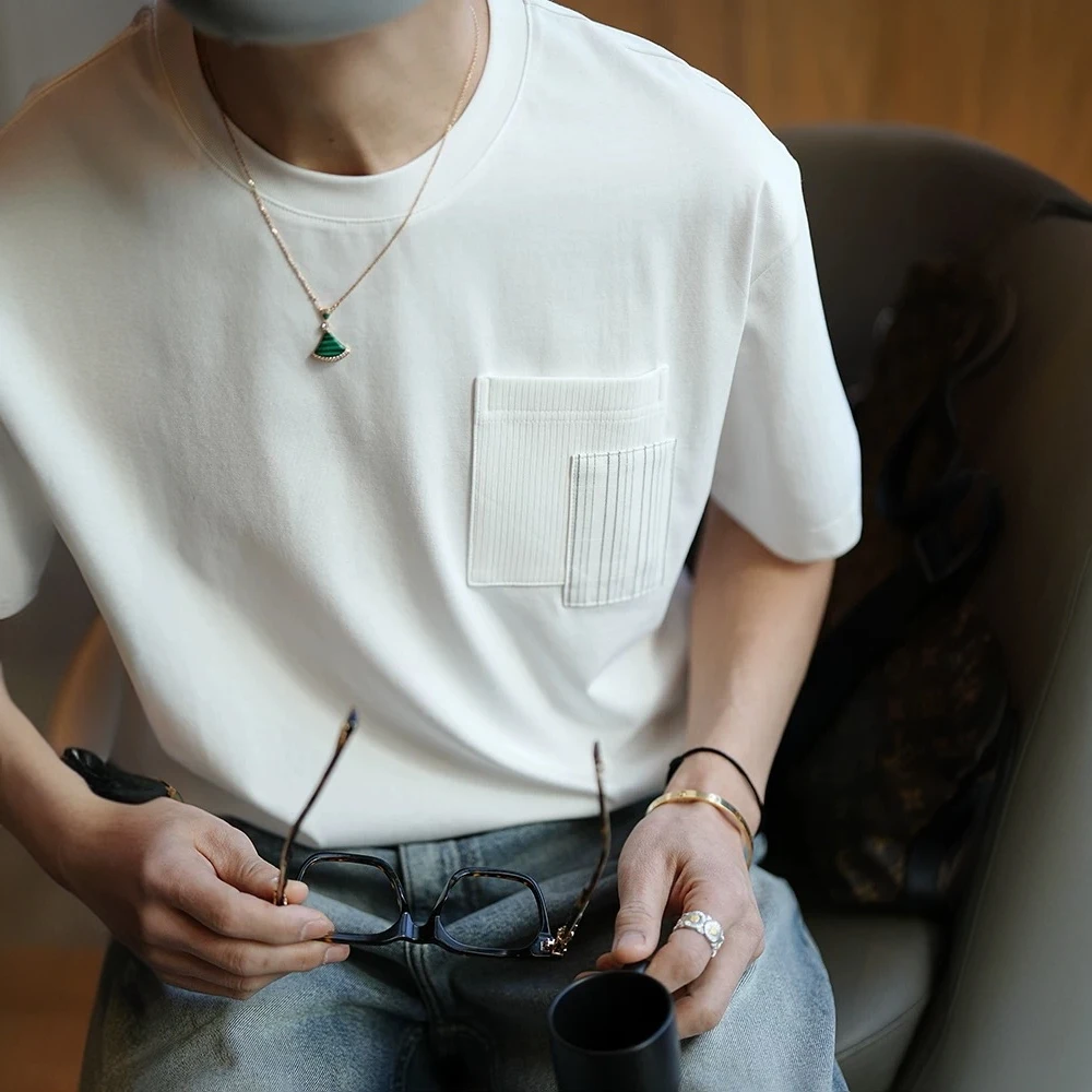 日系休闲圆领短袖老钱风t恤男夏季潮流薄款白色宽松男士上衣半袖