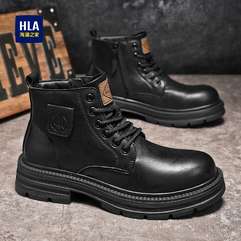 HLA/海澜之家2025新款男士高帮马丁靴厚底潮流英伦风百搭潮流靴子