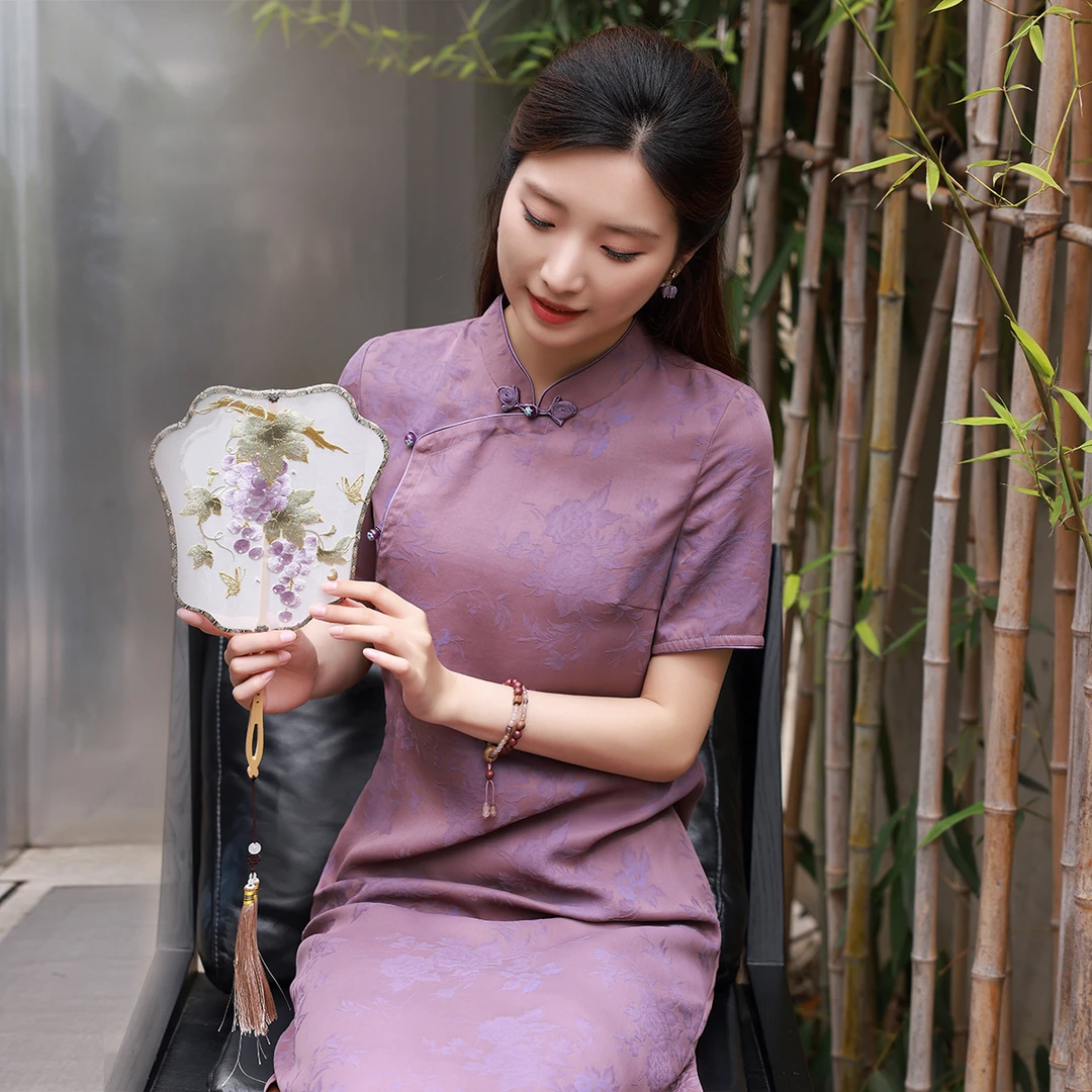 （崔万志旗袍）100%刮染花罗红云纱 桑蚕丝真丝旗袍连衣裙 WZ6357