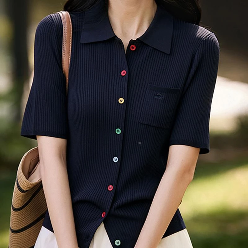时尚简约气质藏青色Polo领短袖针织开衫女夏季款显瘦淡人穿搭上衣