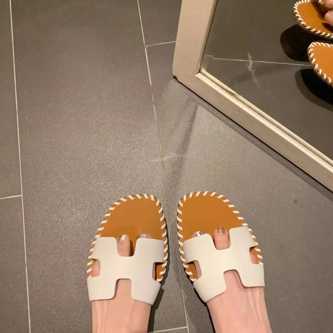 牛皮版~法式编织新款白色一字拖鞋女夏外穿平底小凉拖沙滩半拖鞋