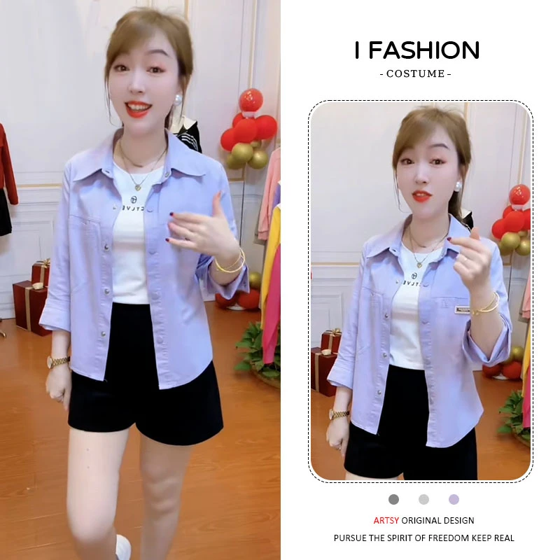 高含棉韩版时尚休闲polo领短款衬衫外套女2025年春秋新款显瘦上衣