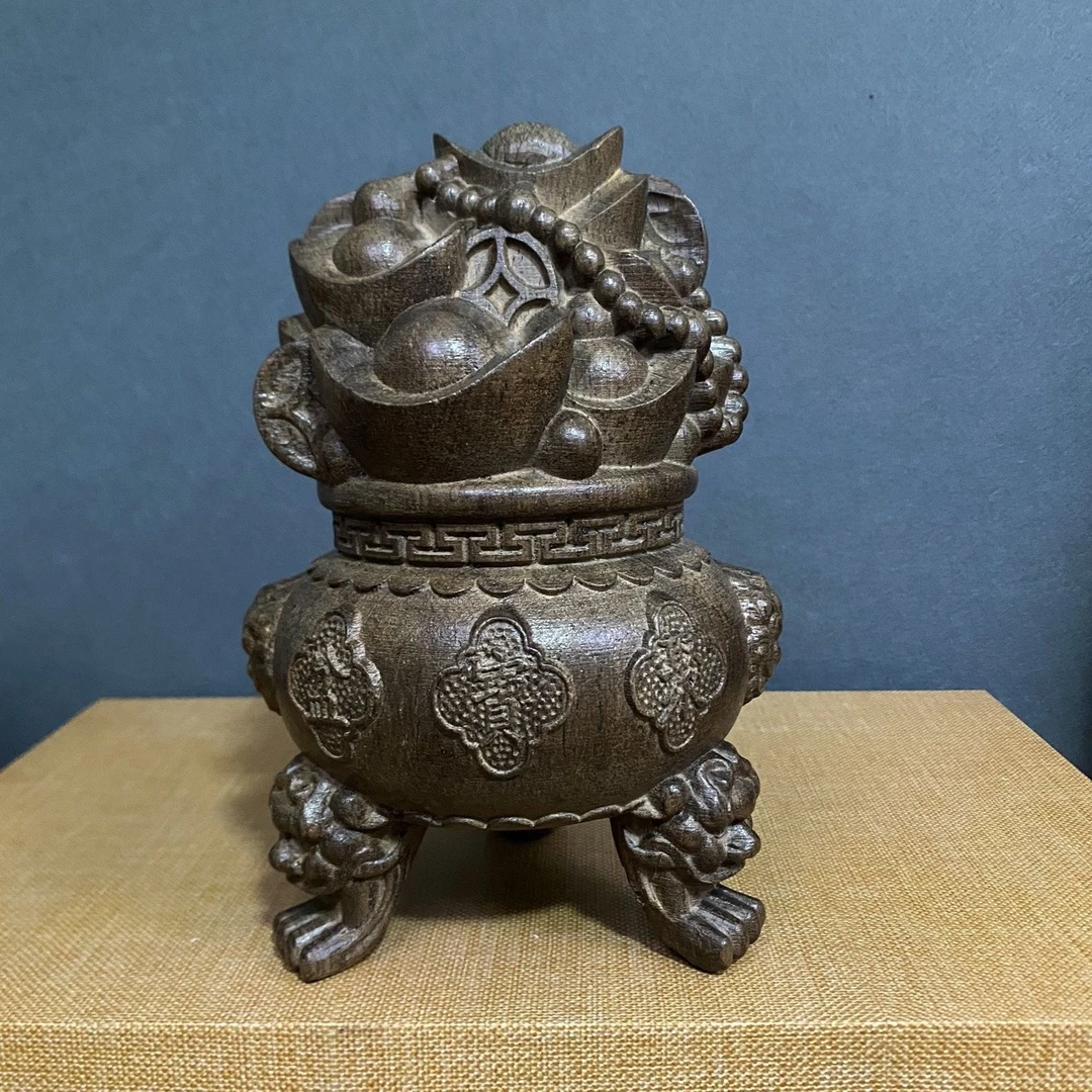 【聚宝盆创意】招财纳福木雕实木工艺品18厘米高居家摆件木香醇香