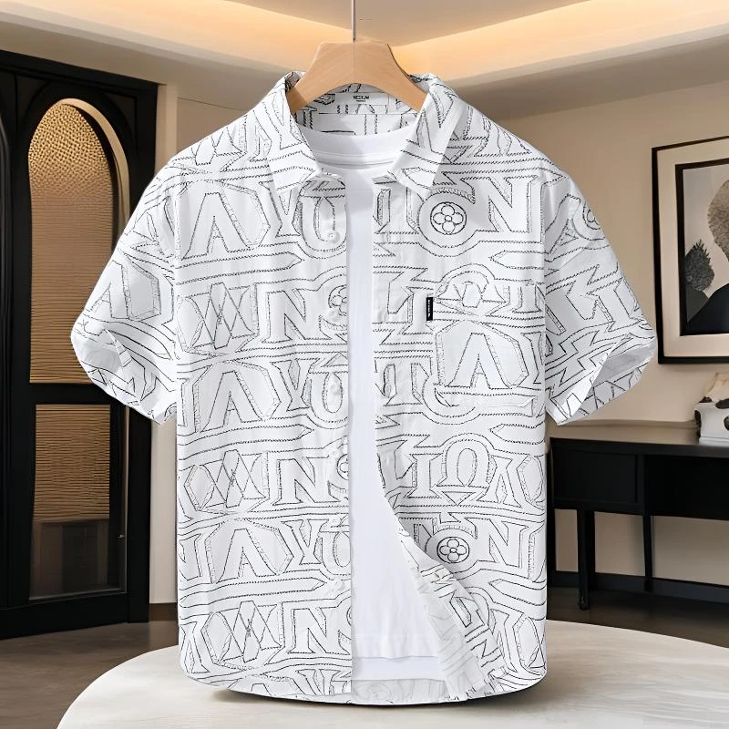 【100%纯棉】夏季潮流设计感印花百搭短袖衬衫痞帅舒适休闲衬衣