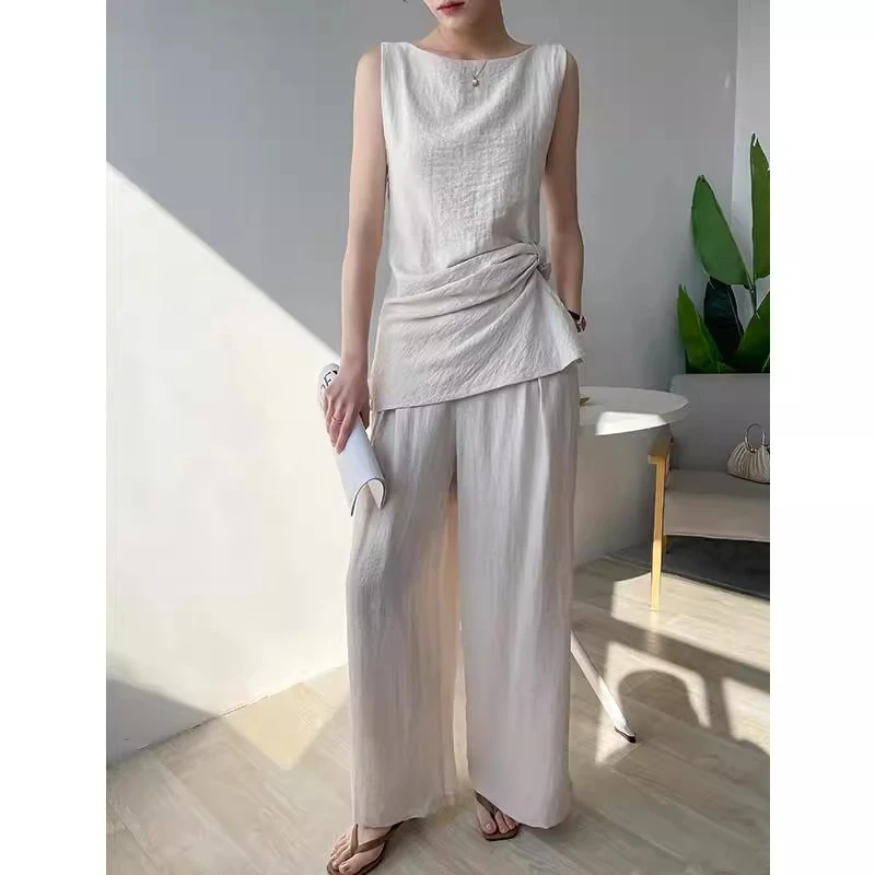 时尚套装女春秋慵懒感圆领褶皱无袖宽松背心上衣高腰休闲裤两件套