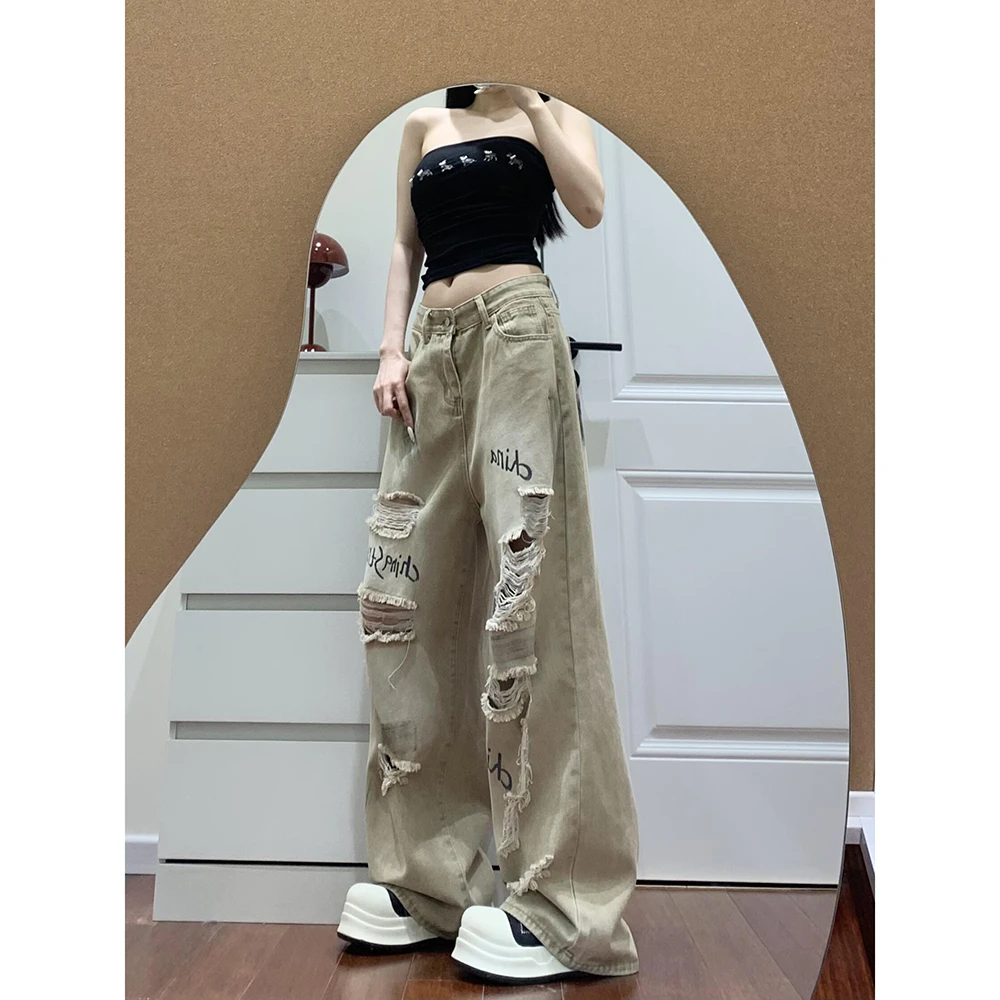 美式复古卡其色脏脏乞丐破洞牛仔裤女夏季高腰直筒阔腿拖地长裤子