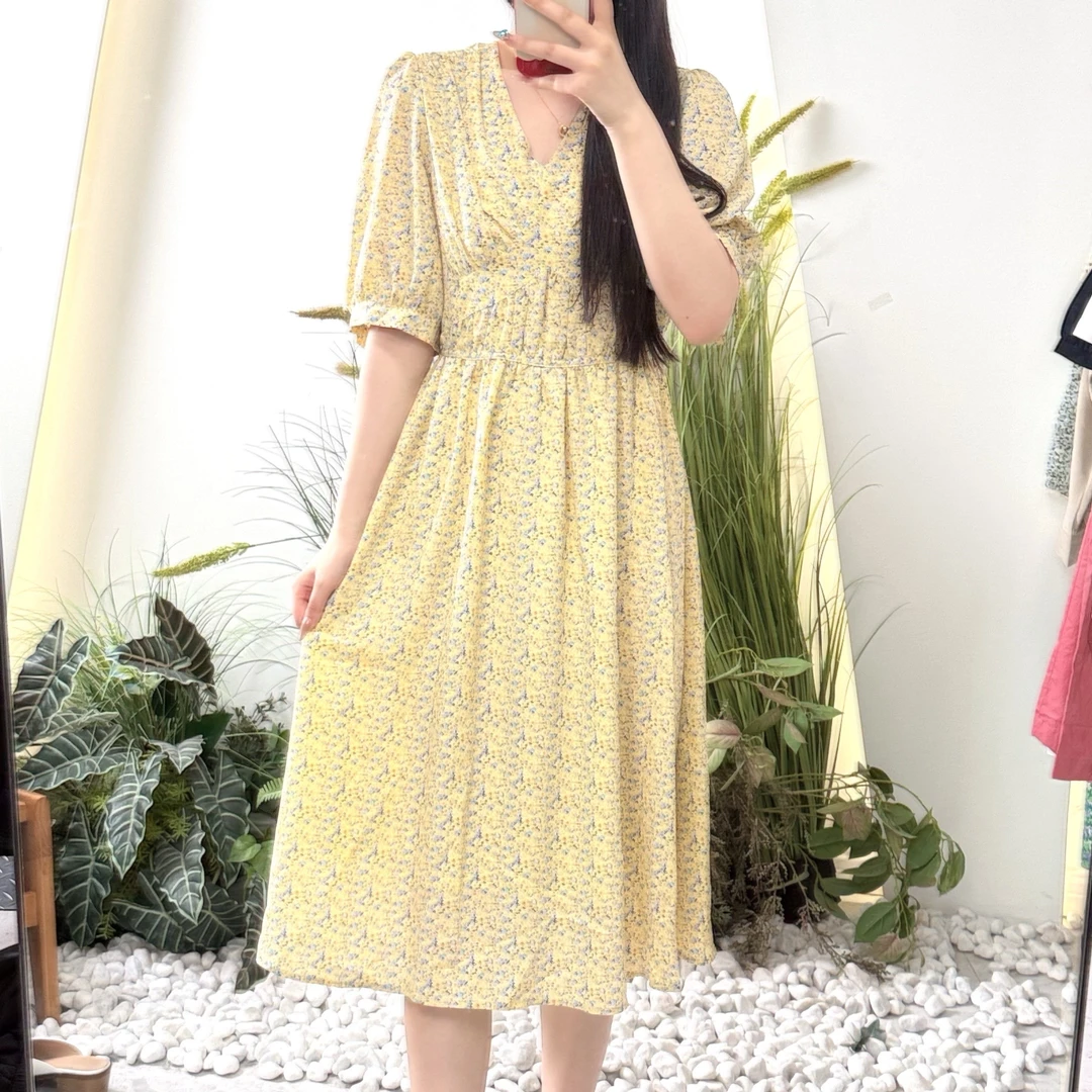 Lagogo/拉谷谷专柜款黄色碎花遮肉连衣裙春夏超显瘦连衣裙